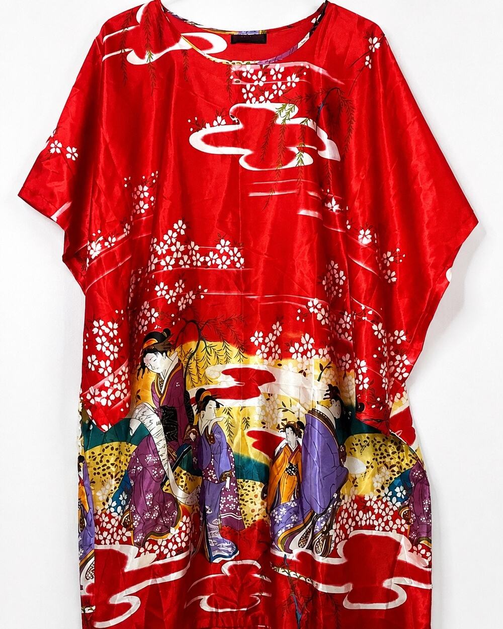 Silk Dynasty Red Geisha Kimono Dress Japanese Print Satin Caftan Robe